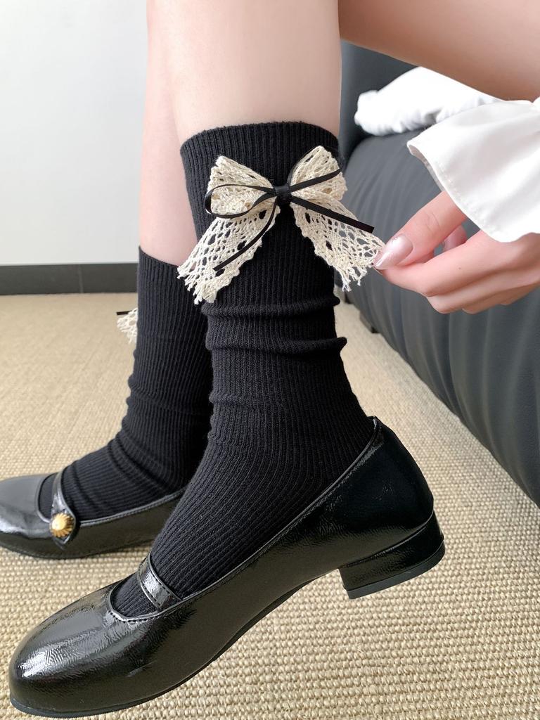 Bow Socks Versatile Stacked Socks Long Season Solid Color Double Needle Cotton Socks Gray Mid-Leg Socks