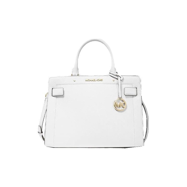 

Michael Kors MK Rayne Solid Leather Logo Pendant Square Commuter Casual Leather Shoulder Crossbody Tote Bag Medium Women bags 35S0GU9S2L-OPTIC-WHITE Basic Set (Bag+Dust Bag)