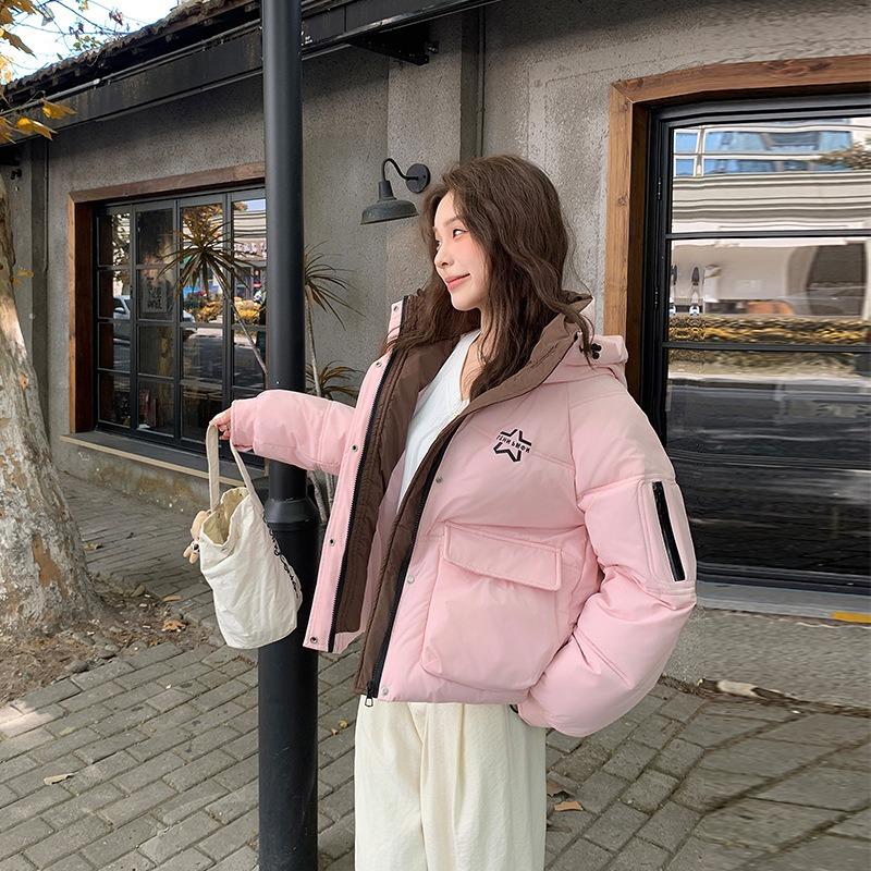 Cotton-padded women's coat new hooded bread clothes big pockets color matching winter loose short fashion cotton clothes