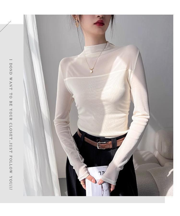 Women's Slim-Fit Velvet Base T-Shirt with Mesh Sleeves: Elegant Half-High Collar for Autumn/Winter