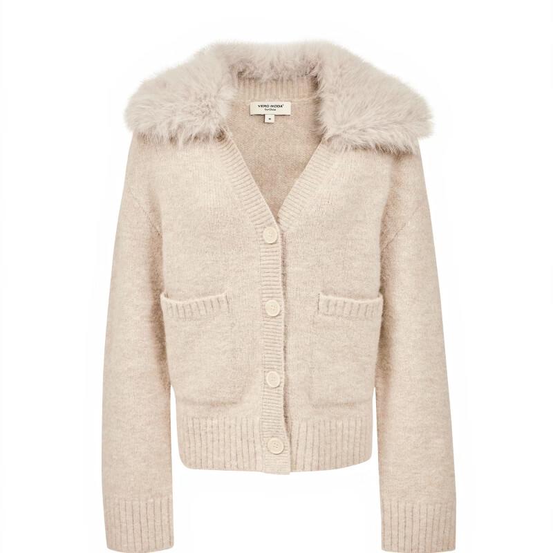 Veromoda Cardigan da donna in misto lana con scollo a V e colletto in pelliccia staccabile