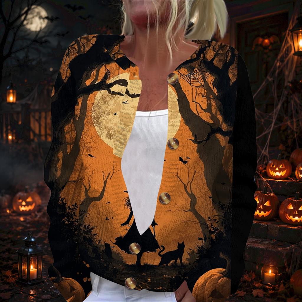 Dámský podzimní svetr s dlouhým rukávem, halloweenským potiskem a zapínáním na knoflíky pro sváteční nošení
