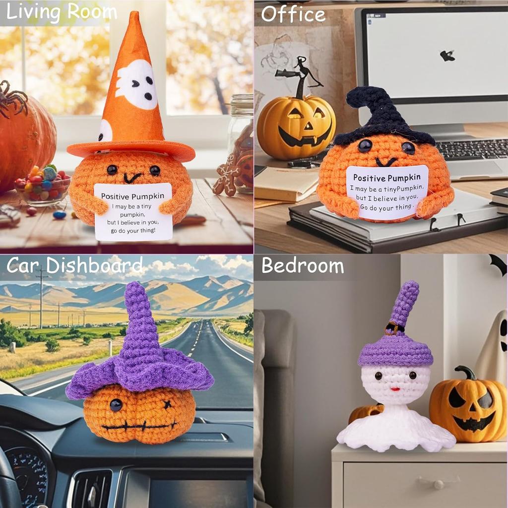 Funny Crochet Emotional Support Pumpkin Gifts Desktop Ornament Handmade Knitted Pumpkin Doll With Card Home Room Halloween Decor