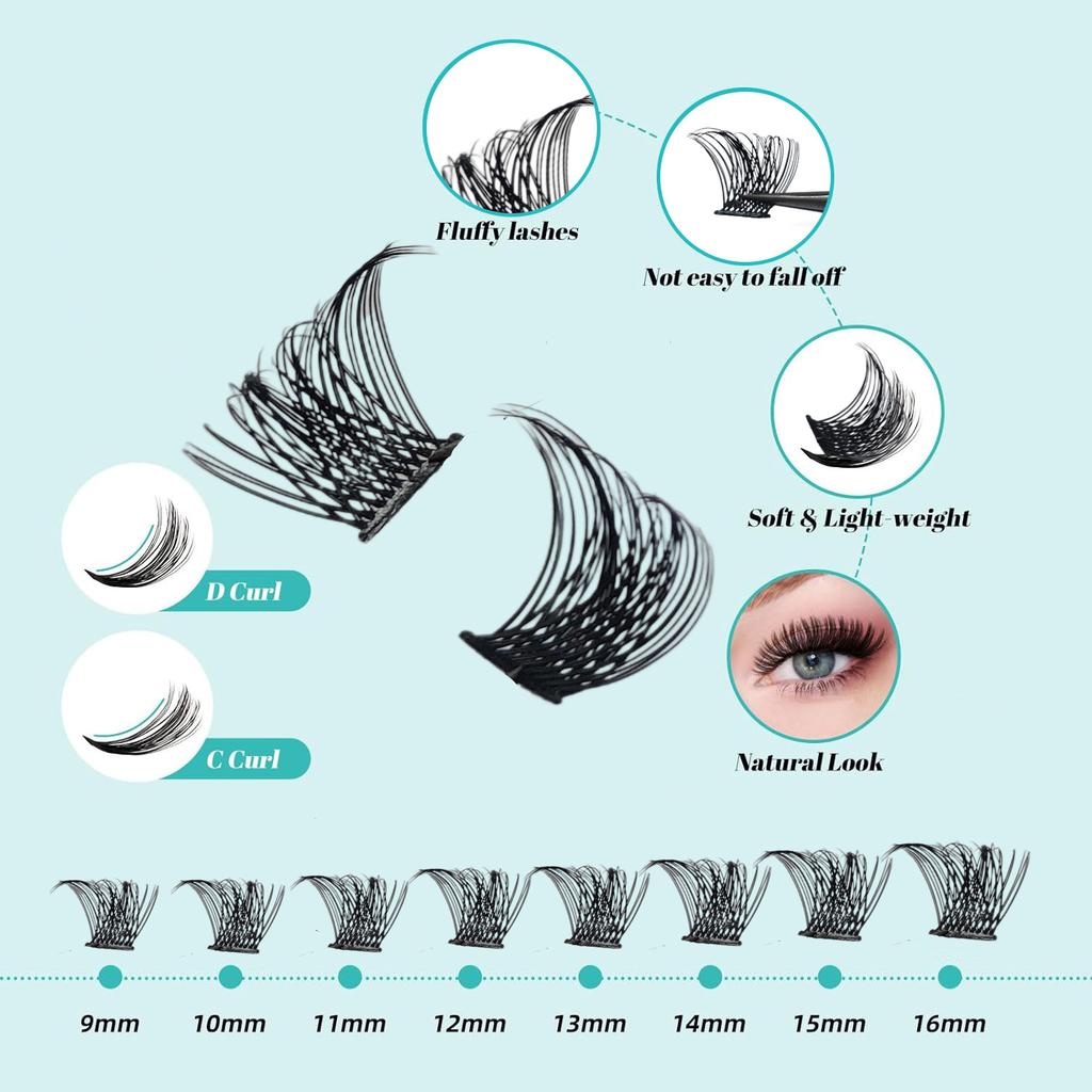 DIY Eyelash Extension Kit - 4 Piece Set W02 Segmented False Lashes Kit - Self-Grafting Eyelash Set Box - Customizable Makeup