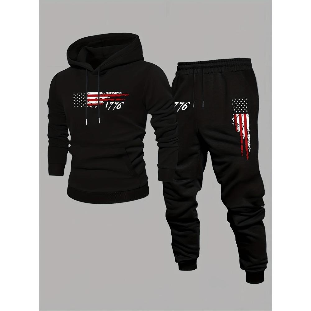 Men s Casual Two Piece Set with Flag Print Drawstring Pocket Hoodie and Drawstring Outdoor Casual Sports Pants S чёрный