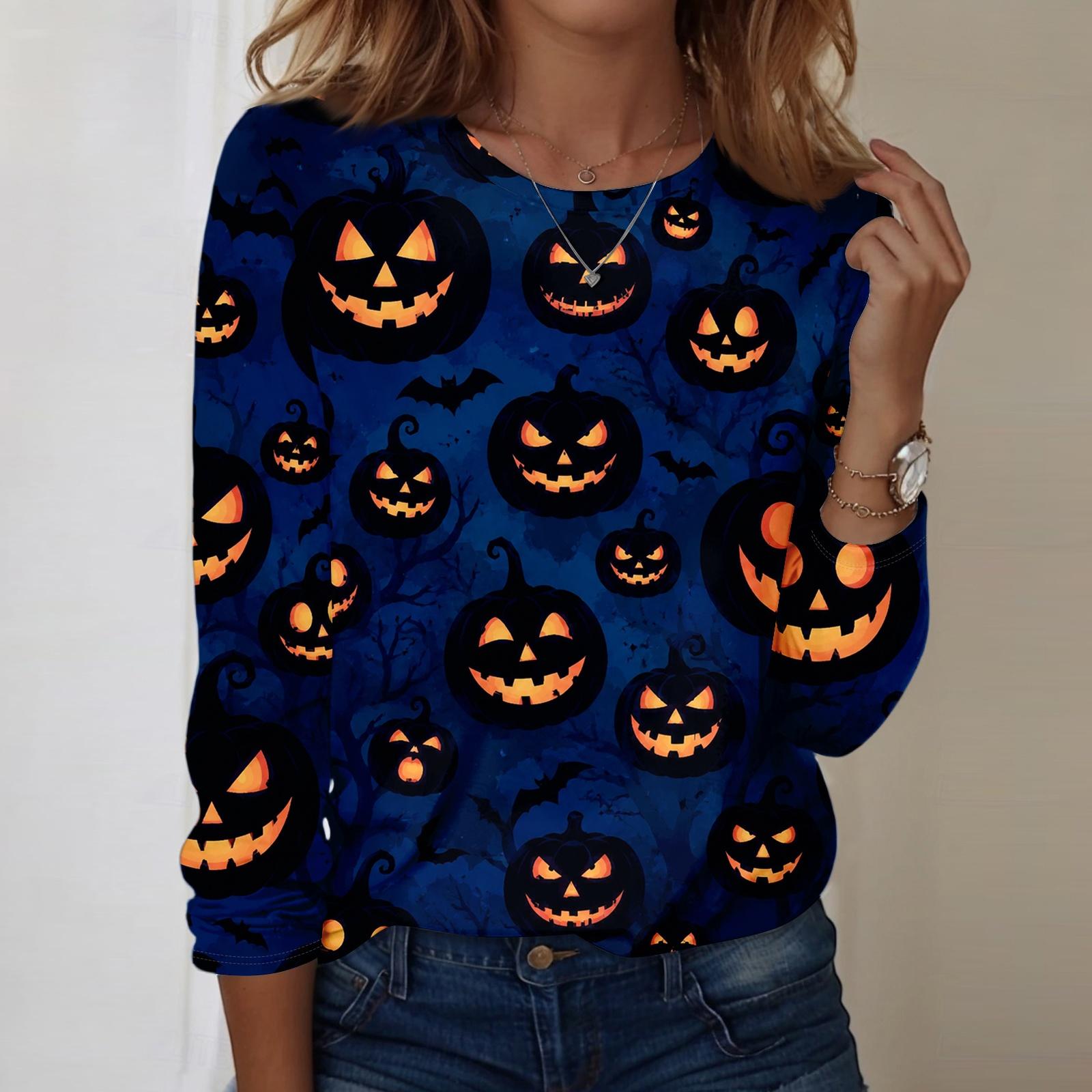 Women s Halloween Print Long Sleeve Neck T-Shirt Casual Top S