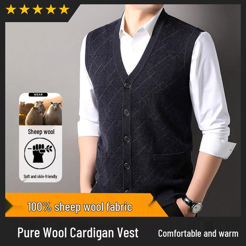 Hengyuanxiang Herren 100% Wolle V-Ausschnitt Ärmellose Strickweste
