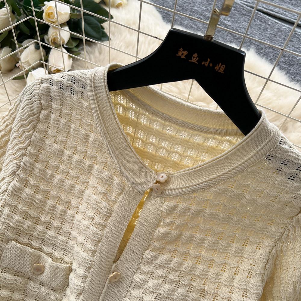 Summer New Brand Fashion Vintage Knitted Dress Women Elegant Hollow Out O-Neck Single Breasted A-Line Long Robes Ladies Dress