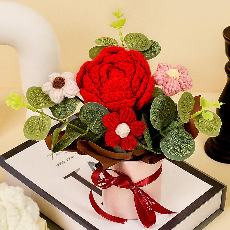 1PC Puff Permanent Rose Valentine's Day Knitted DIY Artificial Flower Gift Handmade Elegant Bouquet Romantic
