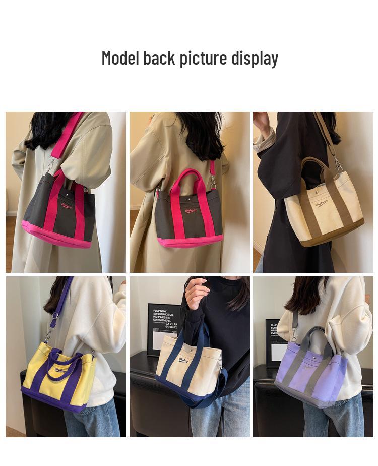 Japanese Color Block Canvas Tote: Lightweight, Large-Capacity, Versatile Handbag for Women - Shoulder or Crossbody Use.