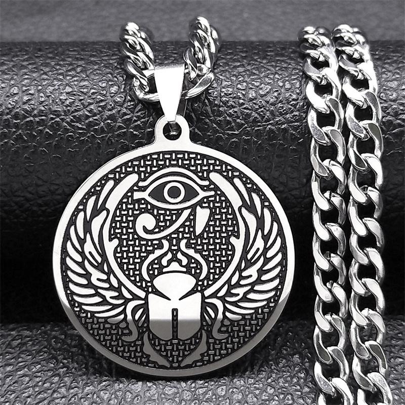 Eye of Horus Scarab Dung Beetle Amulet Necklace for Women Men Stainless Steel Egyptian Round Pendant Necklaces Jewelry N8153S05