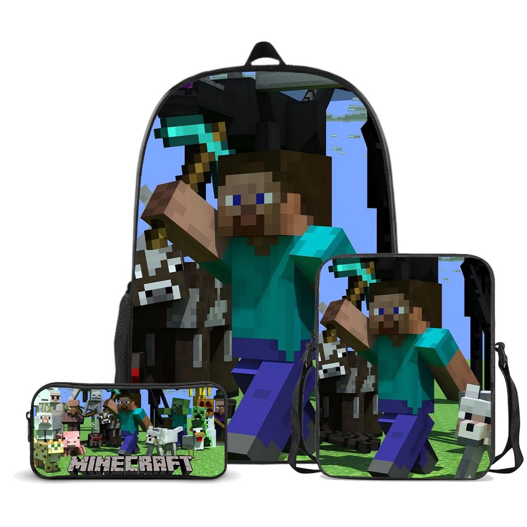 Popular Minecraft 3-Piece Set: Backpack, Messenger Bag, and Cartoon Pencil Case - Lightweight, Splash-Proof, Large Capacity