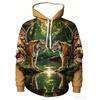 Casual Long Sleeve Hoodie for Men Featuring a 3D Design of a Sacred Lion And a Young Lion, Complete with a Pocket. Spring and Autumn