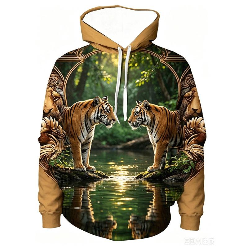 Casual Long Sleeve Hoodie for Men Featuring a 3D Design of a Sacred Lion And a Young Lion, Complete with a Pocket. Spring and Autumn
