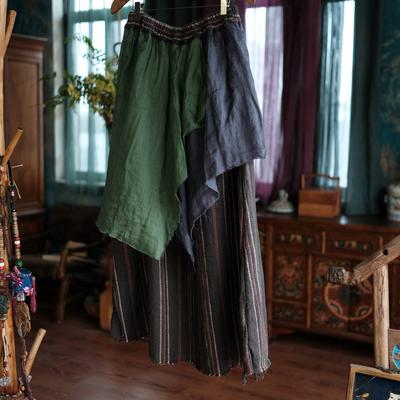 Jupes Patchwork Vintage pour Femmes Printemps Style Chinois Rayées Taille Élastique Haute Qualité Jupes Féminines