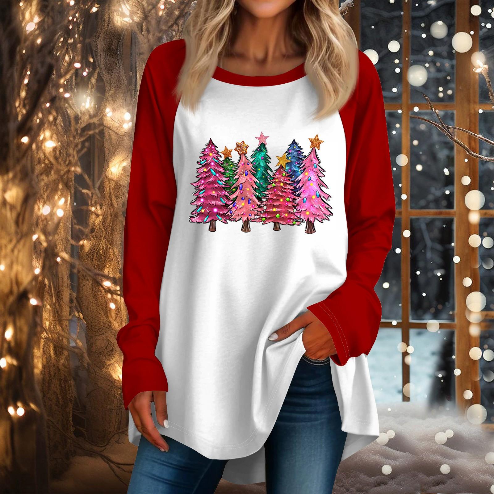 

Женская повседневная футболка больших размеров с длинными рукавами и круглым вырезом с рождественским принтом, топ, пуловер M розовый