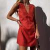 QICED V-hals Katoen Linnen Mouwloze Jurk Dames Zomer Effen Kleur Slim-fit Vestrok