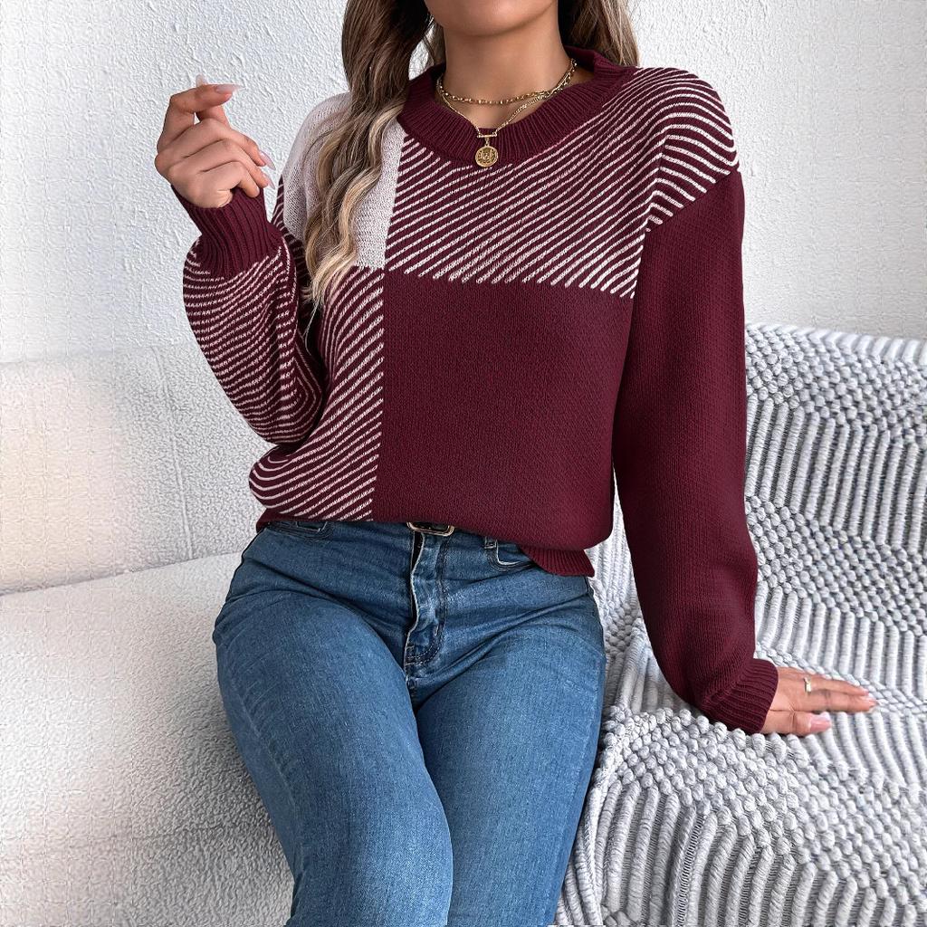 HNXC  Autumn and Winter Casual Checkered Long-sleeved Pullover Sweater for Women