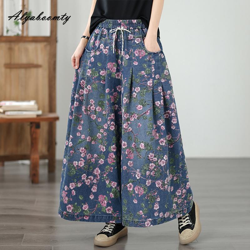 2026 Plus Size Summer Spring Women Wide Leg Jeans Elastic Waist Drawstring Blue Pink Floral Print Jeans Vintage Stylish Ladies' Denim Trousers
