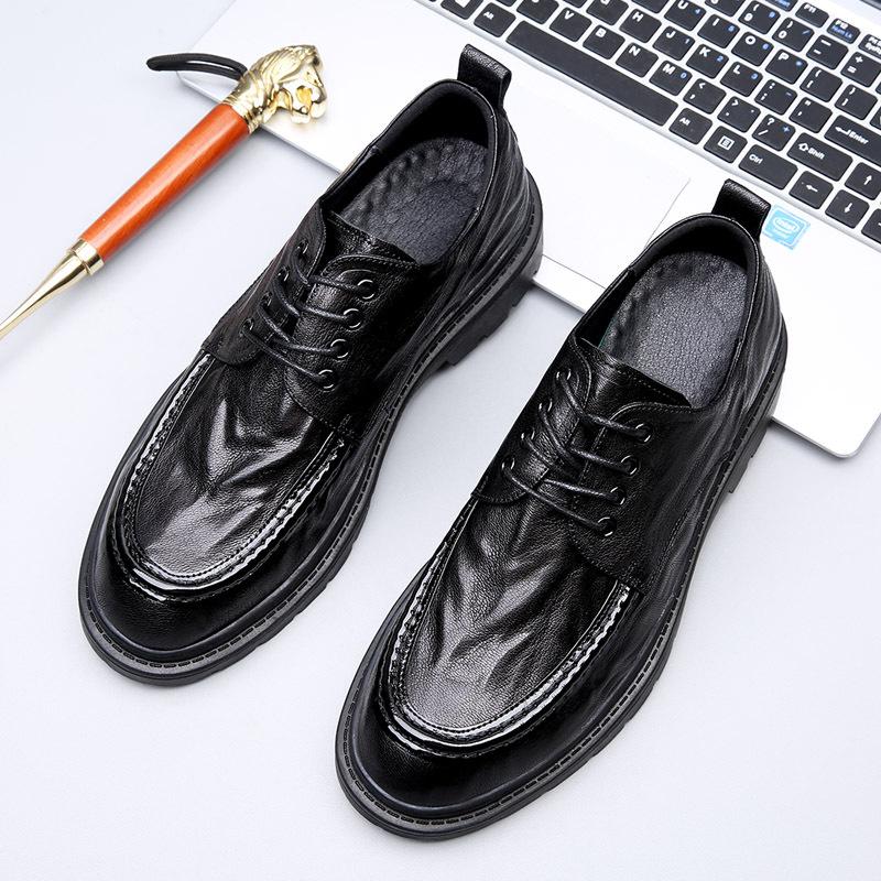 2025 new soft leather men's shoes lace-up round head business casual shoes youth versatile platform men's leather shoes 2025