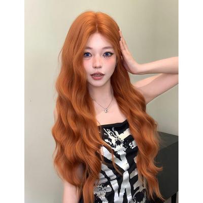 Women's Dirty Orange Long Curly Wig with Middle Part - Natural Look for Daily Wear