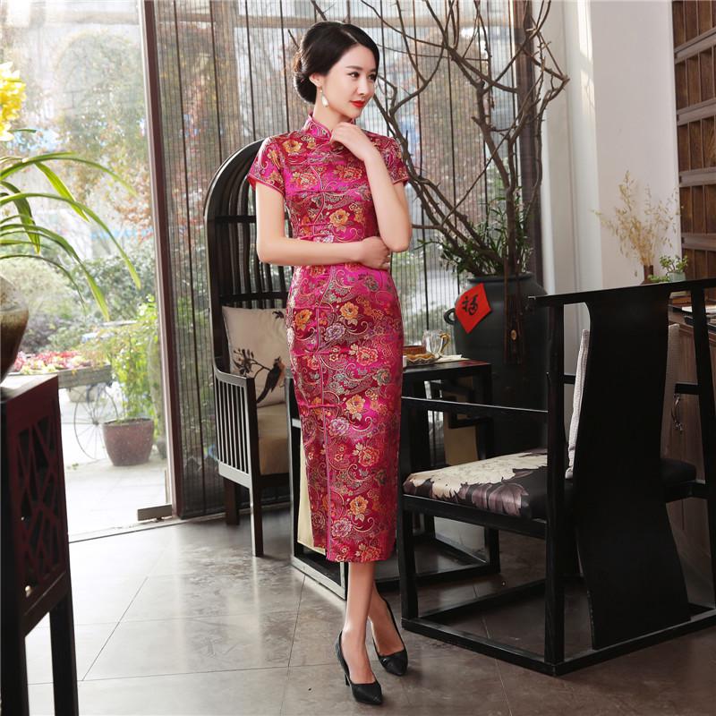 Spandex stand-up collar mid-slit long cheongsam dress women