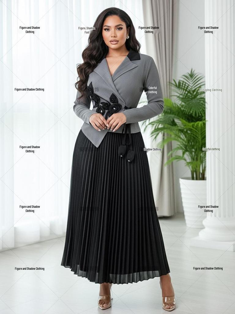Miyaki Plus Size Pleated Long-Sleeve Dress - Slimming Middle Eastern Style with Faux Two-Piece Design