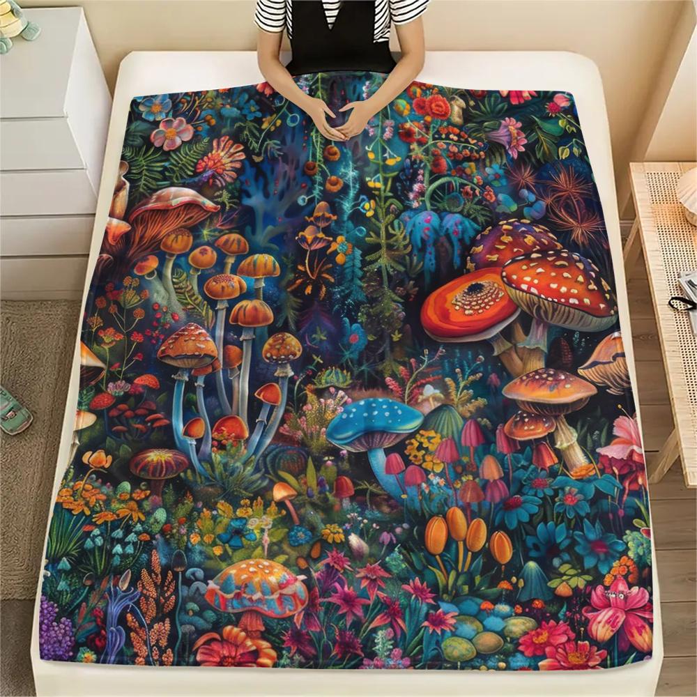1Pc Dreamy Exotic Mushroom Print Flannel Blanket, High quality Comfortable for All Seasons, Home Decor, Warmth and Comfort, Perfect for Gifts
