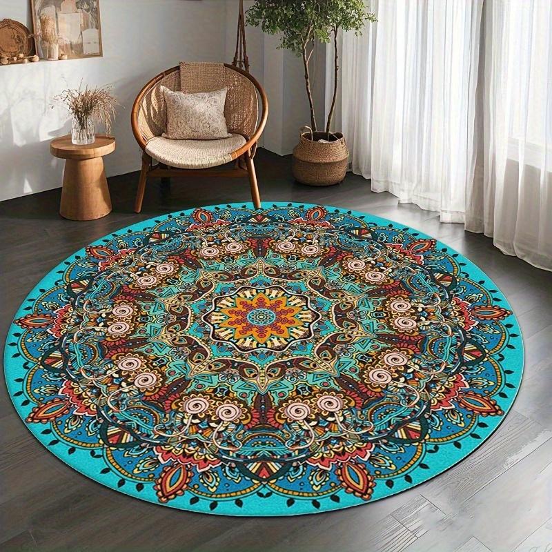 Crystal velvet carpetVibrant Mandala Round Mat- Blue Green Orange Red Floral Pattern- Suitable for Home, Office, Bedroom or Cafe