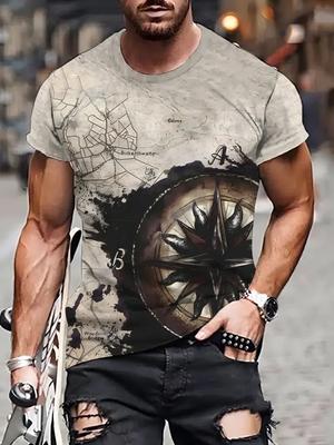Compass Graphic 3d Print Mens T-shirt Short Sleeve Crew Neck Tee Summer Outdoor Male Oversized Clothing