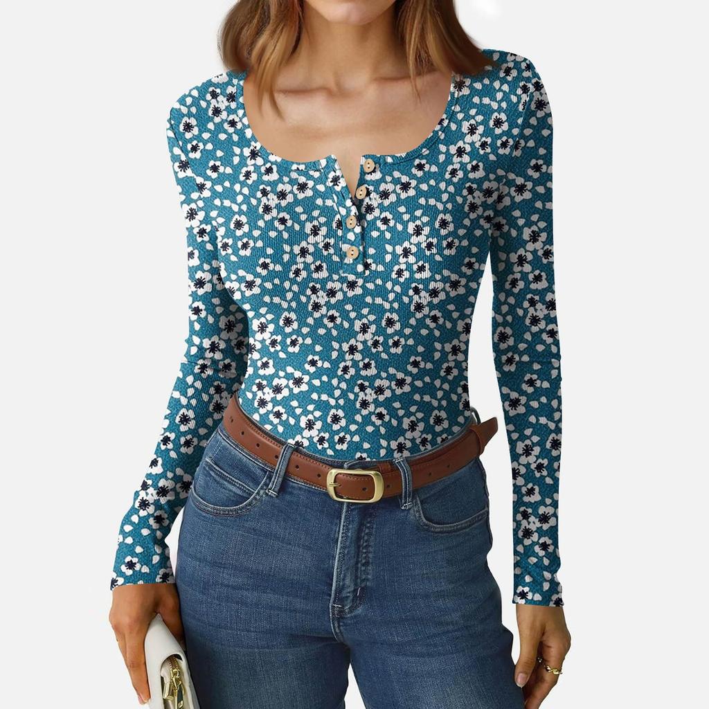 Camiseta de Fondo Delgado para Mujer Moda Casual Estampado Degradado Cuello Redondo Jersey Manga Larga Top