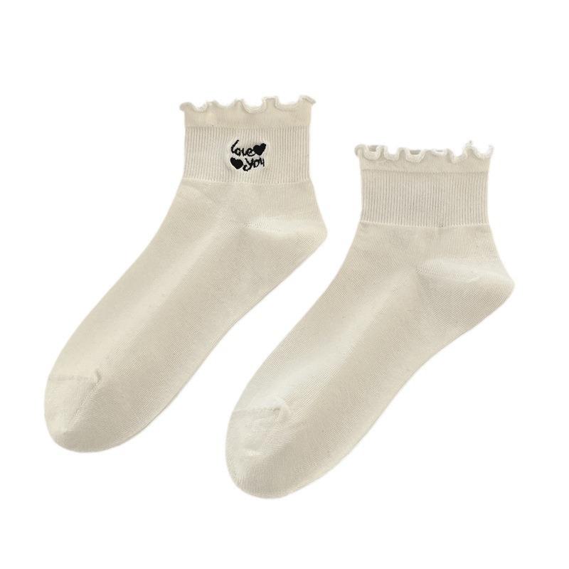 Spring Socks for Women Short Calf Black and White Mushroom Edge Solid Color Mid Calf Socks Embroidered All In One Machine Cotton Socks Thin Style