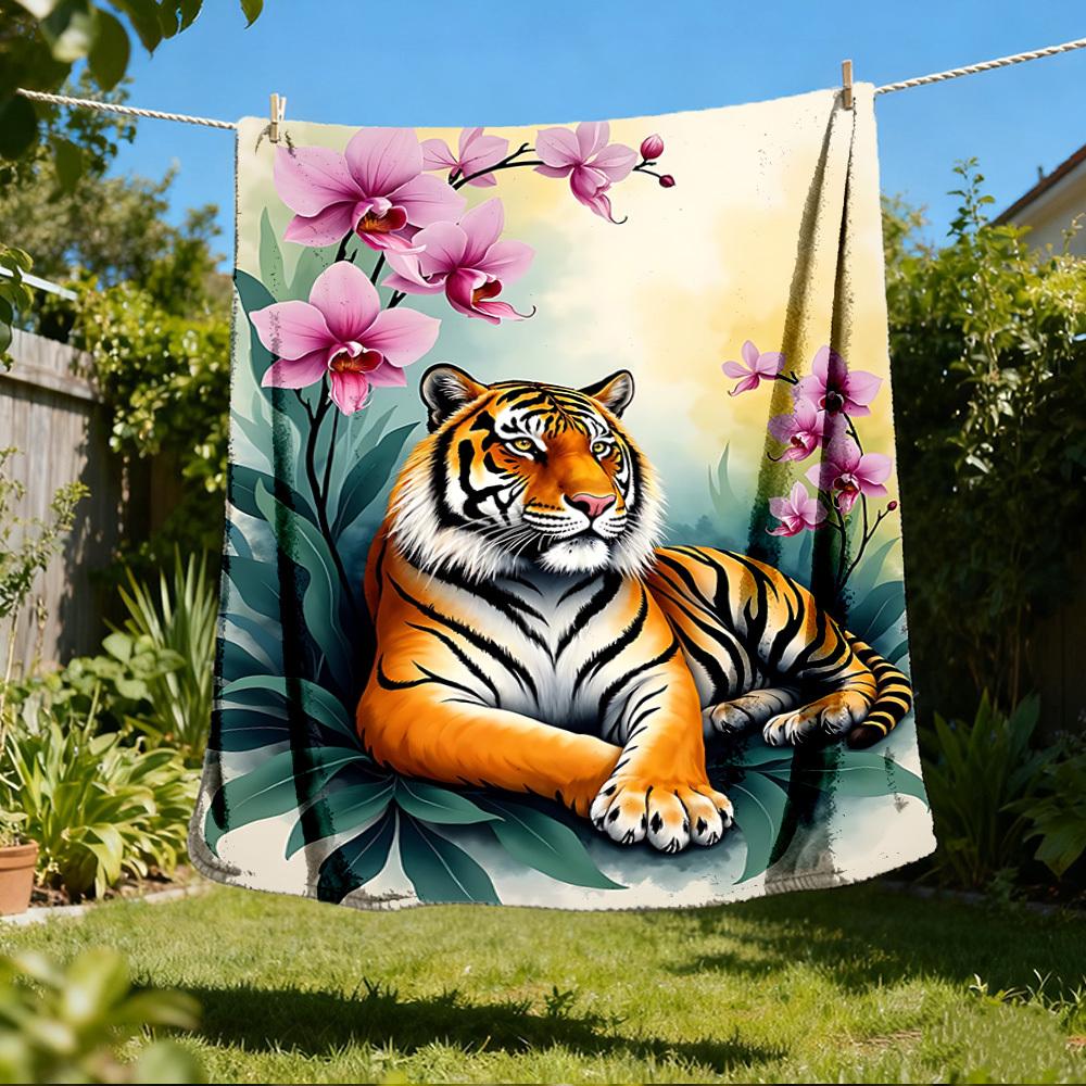

1pc Tiger Orchid Floral Pattern Print Outdoor Blanket, Lightweight Polyester, 80x120cm