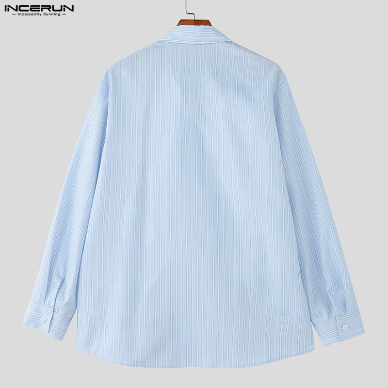INCERUN Men Lapel Neck Long Sleeve Striped Print Bow Knot Casual Oversized Shirts
