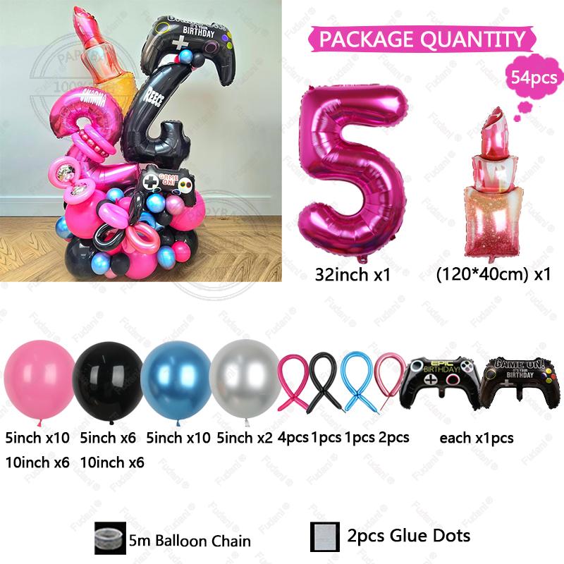 54pcs Red Lips Game Control Handle Black 1-9 Foil Digital Balloons Childrens Birthday Toys Party Decor Game Theme Party Supplies