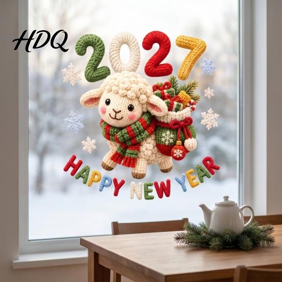 Static Window Clings Happy New Year Cling 2027 Crochet Sheep Snowflake Removable Glas Sticker Reusable Christmas Holiday Decoration Decal