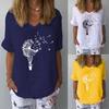 Damen V-Ausschnitt Kurzarm Leinen Baumwolle T-Shirt Locker Lässig Löwenzahn Druck Top