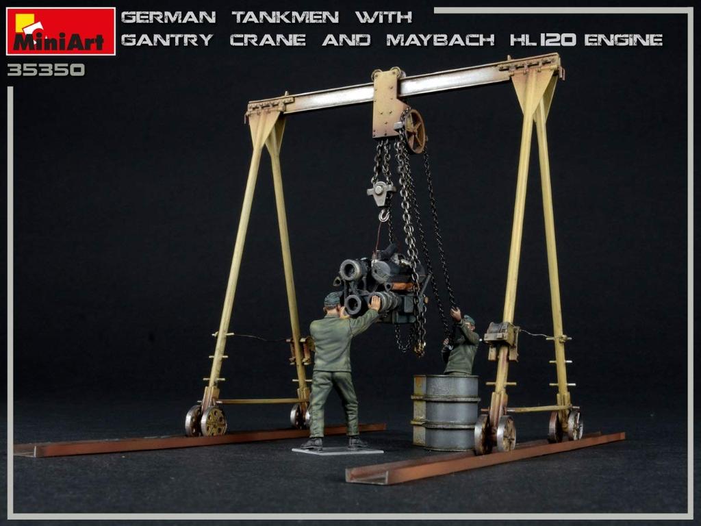 Miniart 1/35 Scale German Tank Crew (2 Figures) with Gantry Crane and Maybach HL120 Engine, Plastic Model Kit MA35350