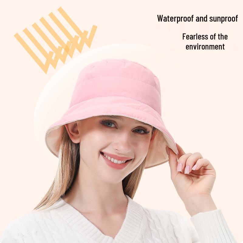 Reversible Korean-Style Down Cotton Bucket Hat for Women - Autumn/Winter Large Brim, Waterproof, Sunshade, Warm.