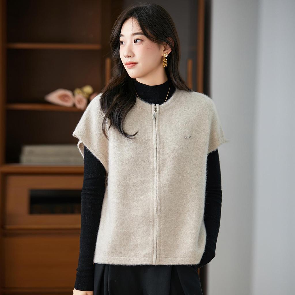 Women's Pure Wool Knit Vest Cardigan - Round Neck, Drop Shoulder, Loose Fit, Sleeveless, Zipper Jacket