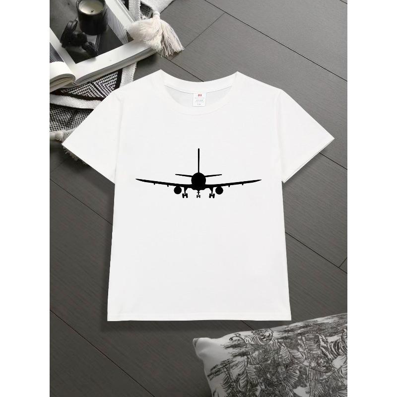 European Sizes Airplane Silhouette Print Kids' T-Shirt, Children's Short-Sleeve Cartoon Fashionable Fun Top, Base Layer for Boys