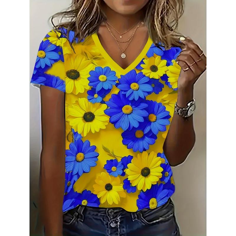 

Summer Women Plus Size Print V-neck T-shirt with Fresh Yellow Print Women Casual T-shirt Quick Drying and Breathable 5XL