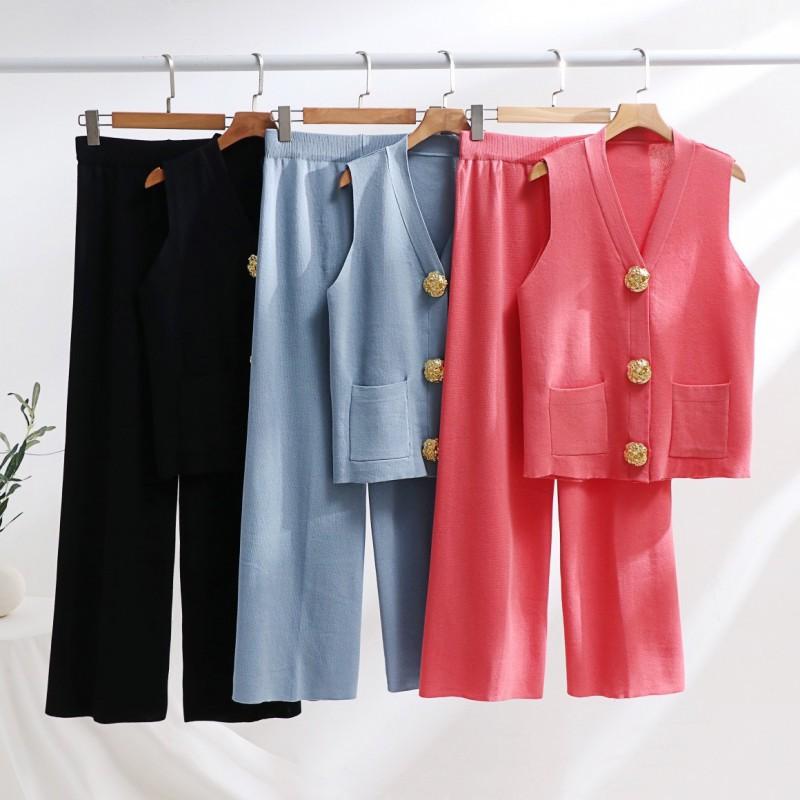 Style Women's Clothing Gold Button Collar Knitted Vest Casual Loose Trousers Two-piece Suit