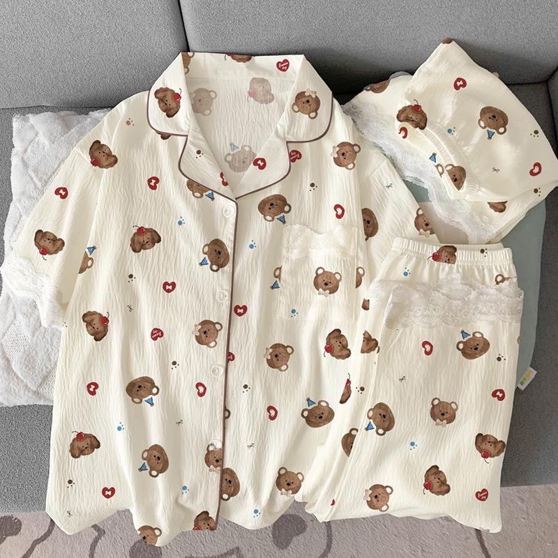 Cloud Cotton Pajamas Women'S Summer Sweet Lace Edge Short-Sleeved Cartoon Party Bear Loungewear Three-Piece Set