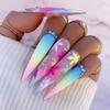 Long Press-On Nails With Matte Leaf Design Multicolor Gradient Crushed Rhinestone Sweet INS Style