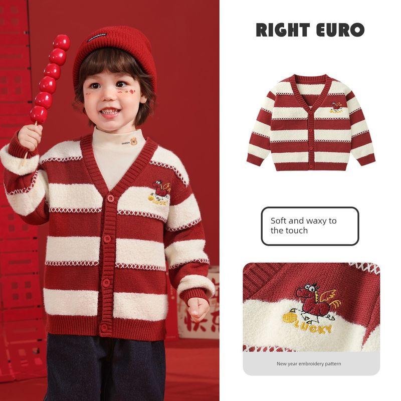 Boys' New Year Striped Knitted Cardigan Sweater Jacket Autumn Children's Baby Toddler Top Autumn and Winter U16102