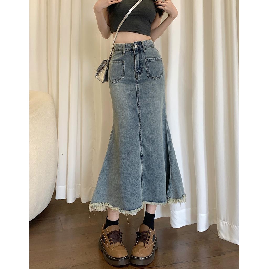 

Women s Summer 2024 High-Waist Denim Fishtail Skirt XS