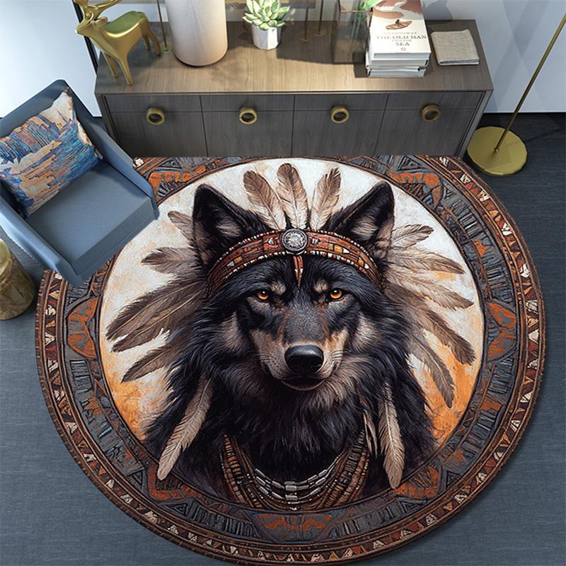 Wolf Chief Round Area Rug,Carpet Rug for Living Room Bedroom Sofa Playroom Decor,Non-slip Floor Mat