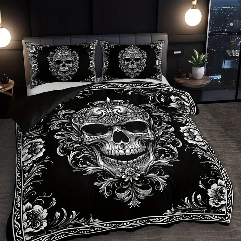 Gothic Skull Duvet Cover Set Black White Design Victorian Baroque Queen King Size Bedding Set With Pillowcase For Bedroom