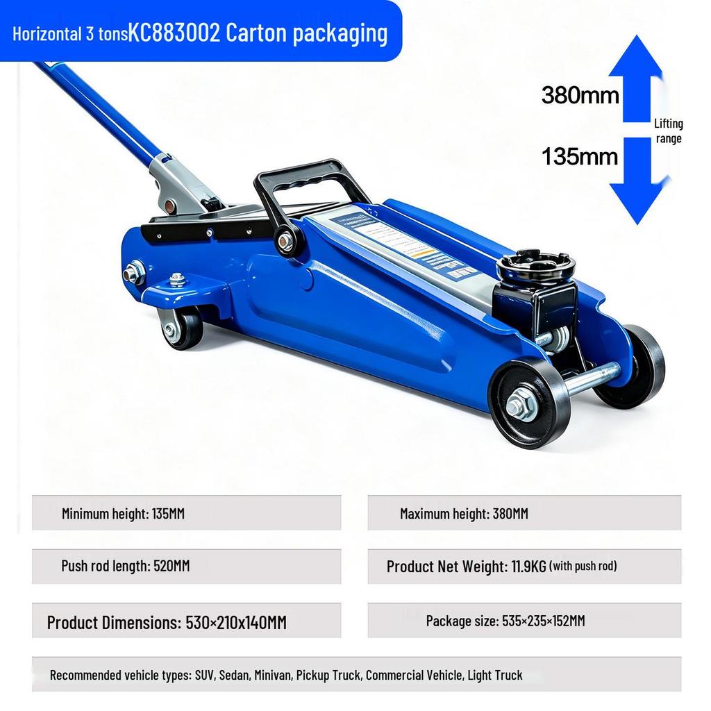 2-Ton Horizontal Hydraulic Car Jack for SUVs – 3T Tire Change Tool